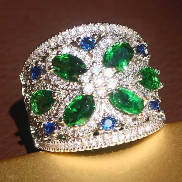 NEW Silver Emerald Sapphire Diamond Wide Band Ring - Picture 2 of 7